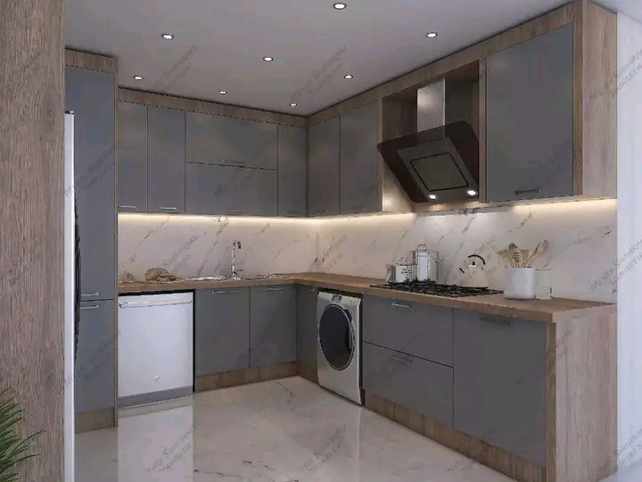 Grey and timber kitchen design with marble splashback