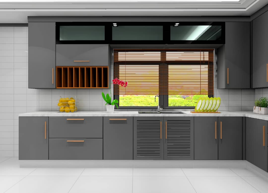 Contemporary grey kitchen with timber feature and integrated appliances